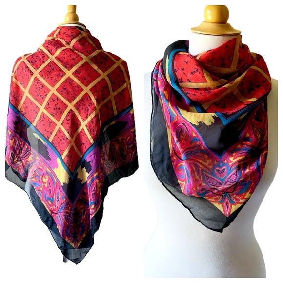 Vintage Gillian Maximalism Jewel tone Paisley Large Square Silk Scarf - Picture 2 of 8